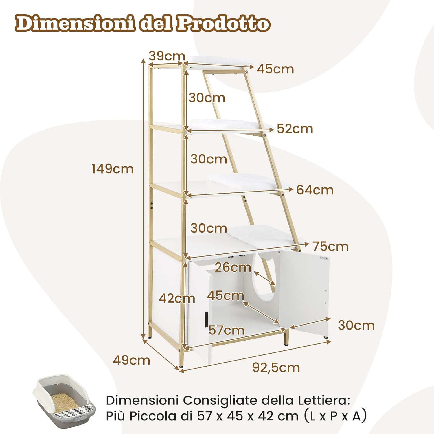 Lettiera per Gatti Salvaspazio, Mobile Nascosto 2 in 1 per Animali Domestici con Scaffale, Tappetini Rimovibili e Entrata a Forma di Testa di Gatto, Armadietto per Gatti per Salotto (Bianco)