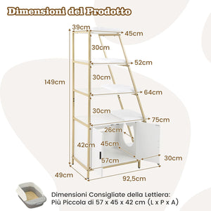 Lettiera per Gatti Salvaspazio, Mobile Nascosto 2 in 1 per Animali Domestici con Scaffale, Tappetini Rimovibili e Entrata a Forma di Testa di Gatto, Armadietto per Gatti per Salotto (Bianco)