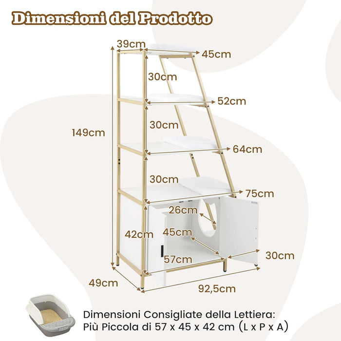Lettiera per Gatti Salvaspazio, Mobile Nascosto 2 in 1 per Animali Domestici con Scaffale, Tappetini Rimovibili e Entrata a Forma di Testa di Gatto, Armadietto per Gatti per Salotto (Bianco)