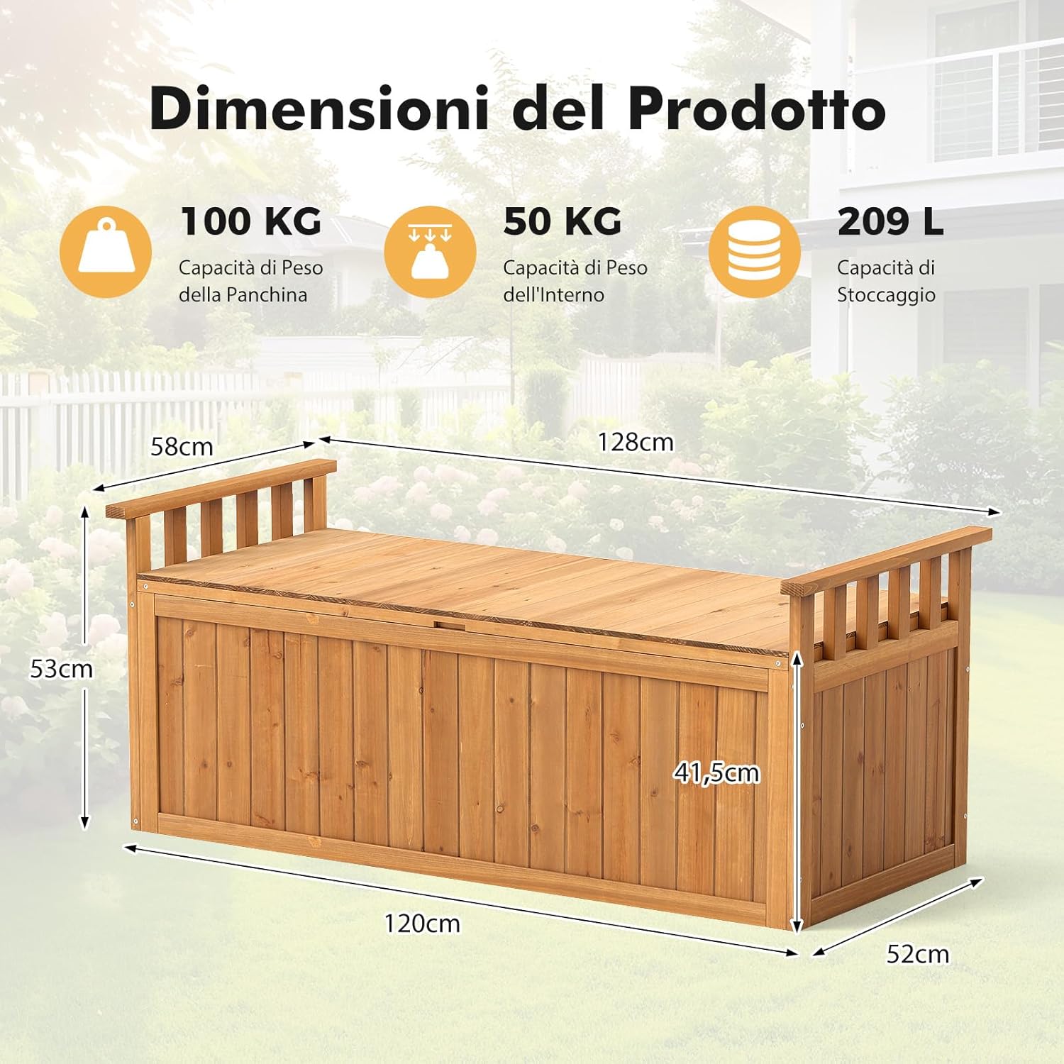 Baule Cassapanca 210 Litri in Legno di Abete, Baule Contenitore da Giardino con Pannello Inferiore Staccabile, Cassapanca Multiuso di Stoccaggio a 2 Posti con 2 Braccioli, da Interno e Esterno