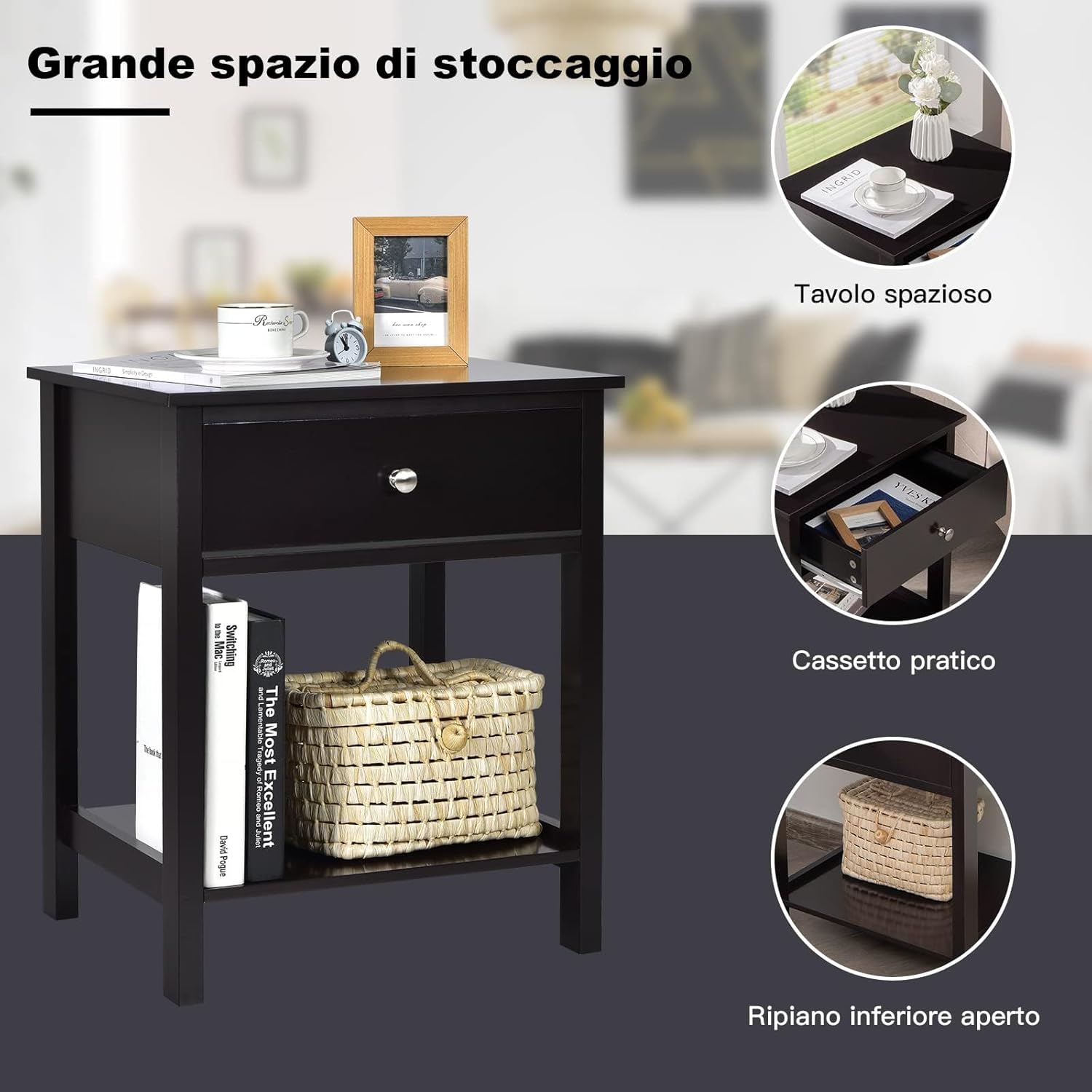 Comodino con Cassetto, Tavolino in Legno con 2 Livelli, Cassettiera da Letto Multifunzionale per Salone Camera da Letto Corridoio, 48 x 40 x 58 cm (Nero, 2 Pezzi)