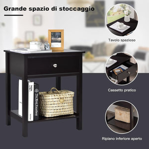 Comodino con Cassetto, Tavolino in Legno con 2 Livelli, Cassettiera da Letto Multifunzionale per Salone Camera da Letto Corridoio, 48 x 40 x 58 cm (Nero, 2 Pezzi)