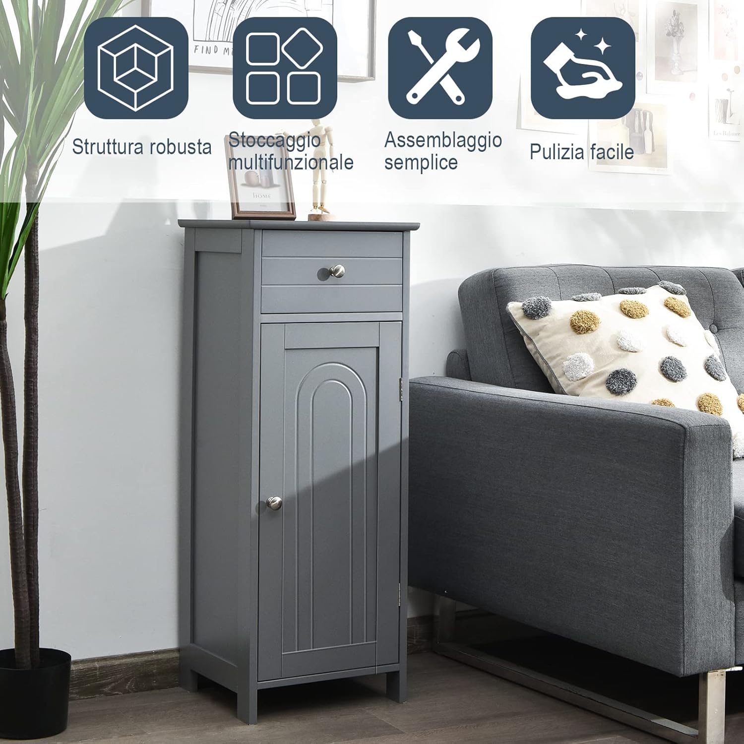 Armadio da Terra per Bagno, Mobile Armadietto con Cassetto, in MDF (E1) di Alta Qualità (Grigio)