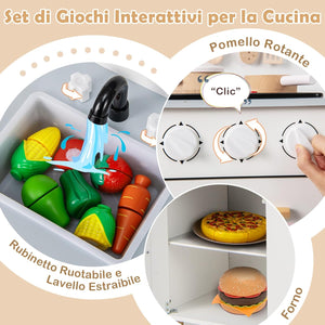 Cucina Giocattolo con Fornelli a Suoni e Luci Reali, Cucina per Bambini in Legno con Lavandelo Estrabile, Rubinetto e Forno, Set Cucina con 11 Accessori, 55 x 31 x 75 cm (Bianco)