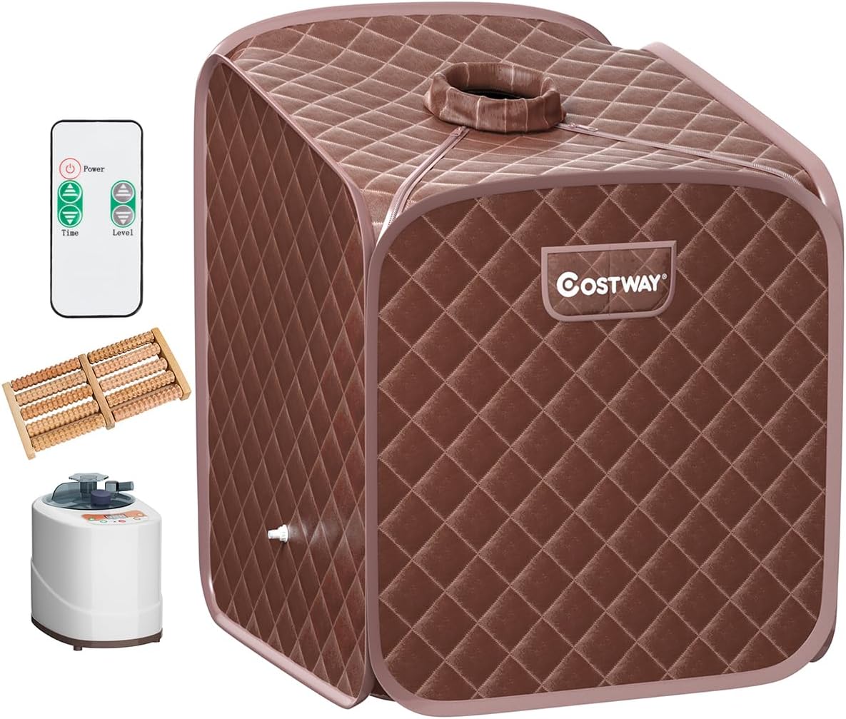 Sauna a Vapore Portatile con Telecomando, Cabina Sauna a Vapore Pieghevole con Sedia e 9 Livelli di Temperatura, Telaio in metallo (Caffè)