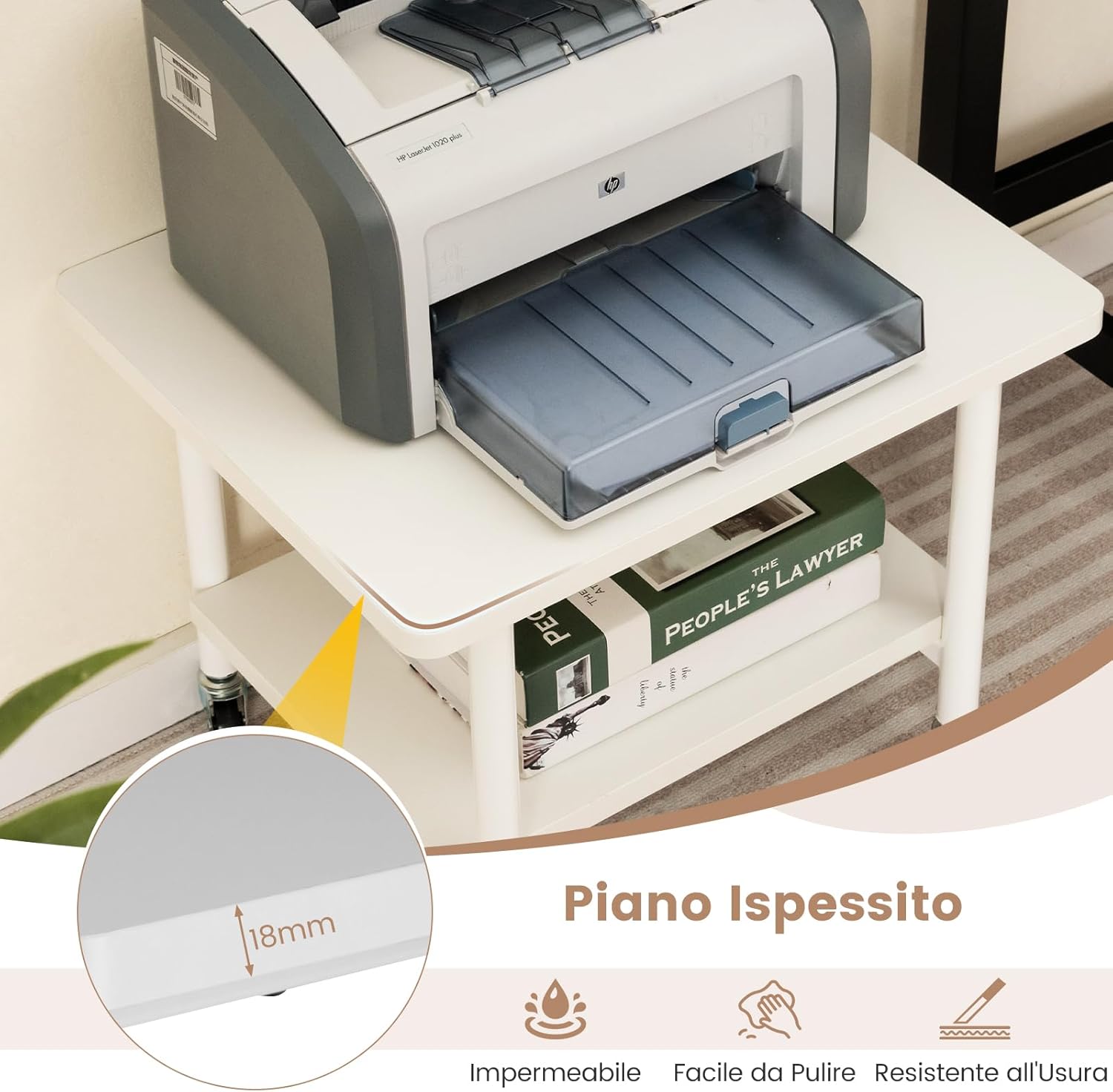 Supporto per Stampante, Carrello Stampante con Ruote Girevoli a 360⁰, Design Rimovibile, Superficie Ampia e Liscia, di Legno e Acciaio, 49 x 40 x 37 cm (Bianco)