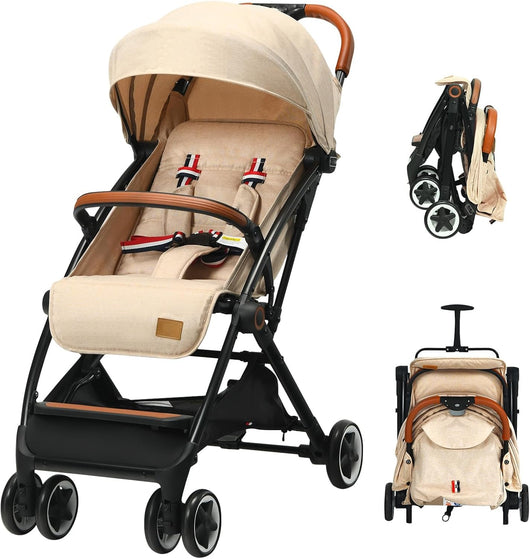 Passeggino Ultraleggero per Bambini 0-36 Mesi, Passeggino Compatto a Ombrello, per Viaggio, Aereo, Pieghevole, Regolabile, con Cintura di Sicurezza, Ruote, Freno, Parasole, Cesto, Beige