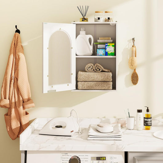 Armadietto da Parete 35 x 20 x 52,5 cm, Mobiletto Salvaspazio con Porta in Vetro Temperato e Ripiano Regolabile, Mobile Cucina per Lavanderia, Soggiorno e Bagno
