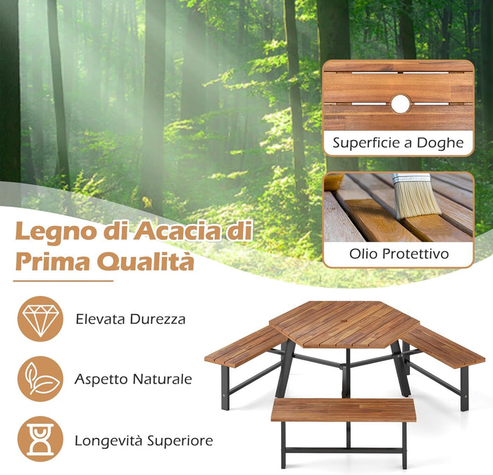 Set Tavolo con 3 Panche in Legno di Acaccia, con Foro per Ombrellone, Tavolo da Campeggio con Telaio in Metallo, Set Mobile da Picnic per Cortile Patio