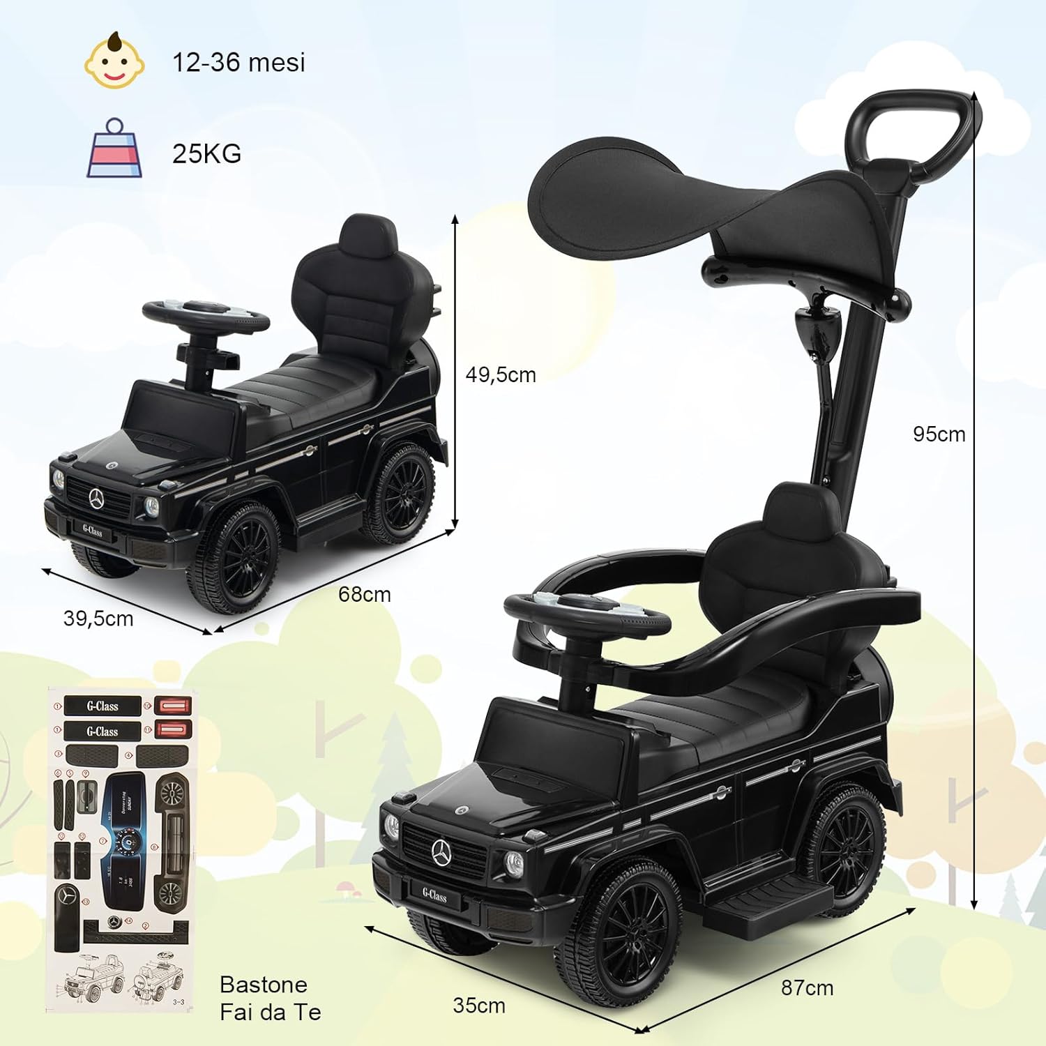 Auto a Spinta per Bambini, Macchina Cavalcabile a Spinta con Tettuccio Regolabile Maniglia per Genitori Paracolpi, Ideale per Bambini 12-36 Mesi (Nero)