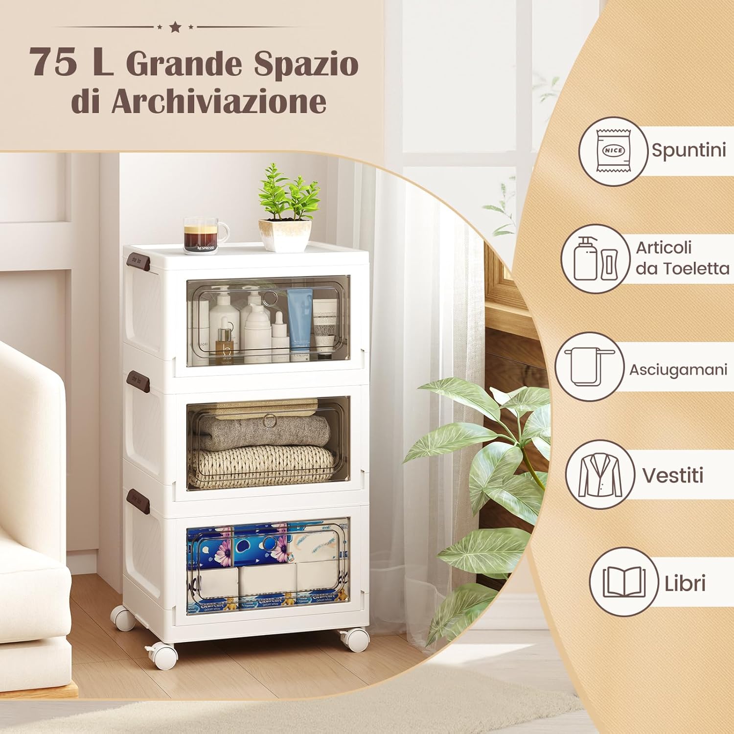 Set da 3 Contenitori Impilabili, Scatole Pieghevoli da 75/105 L con Ruote Bloccabili Porta e Coperchio, Organizzatori per Armadio, Multiuso per Casa Dormitorio (41 x 31,5 x 72,5 cm)