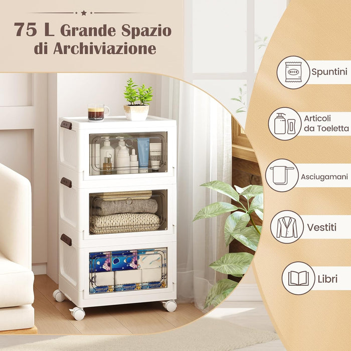 Set da 3 Contenitori Impilabili, Scatole Pieghevoli da 75/105 L con Ruote Bloccabili Porta e Coperchio, Organizzatori per Armadio, Multiuso per Casa Dormitorio (41 x 31,5 x 72,5 cm)