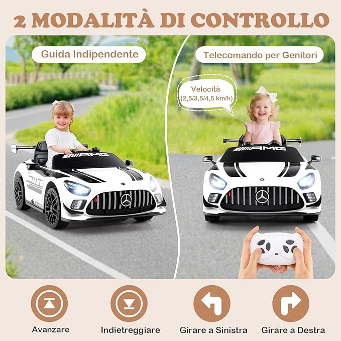 Macchina Elettrica per Bambini, Mercedes Auto Cavalcabile con Telecomando 3 Velocità Luci LED Musica e Connessione Senza Fili, Partenza Morbida, 4,5 Km/h, 3+ Anni (Bianco)