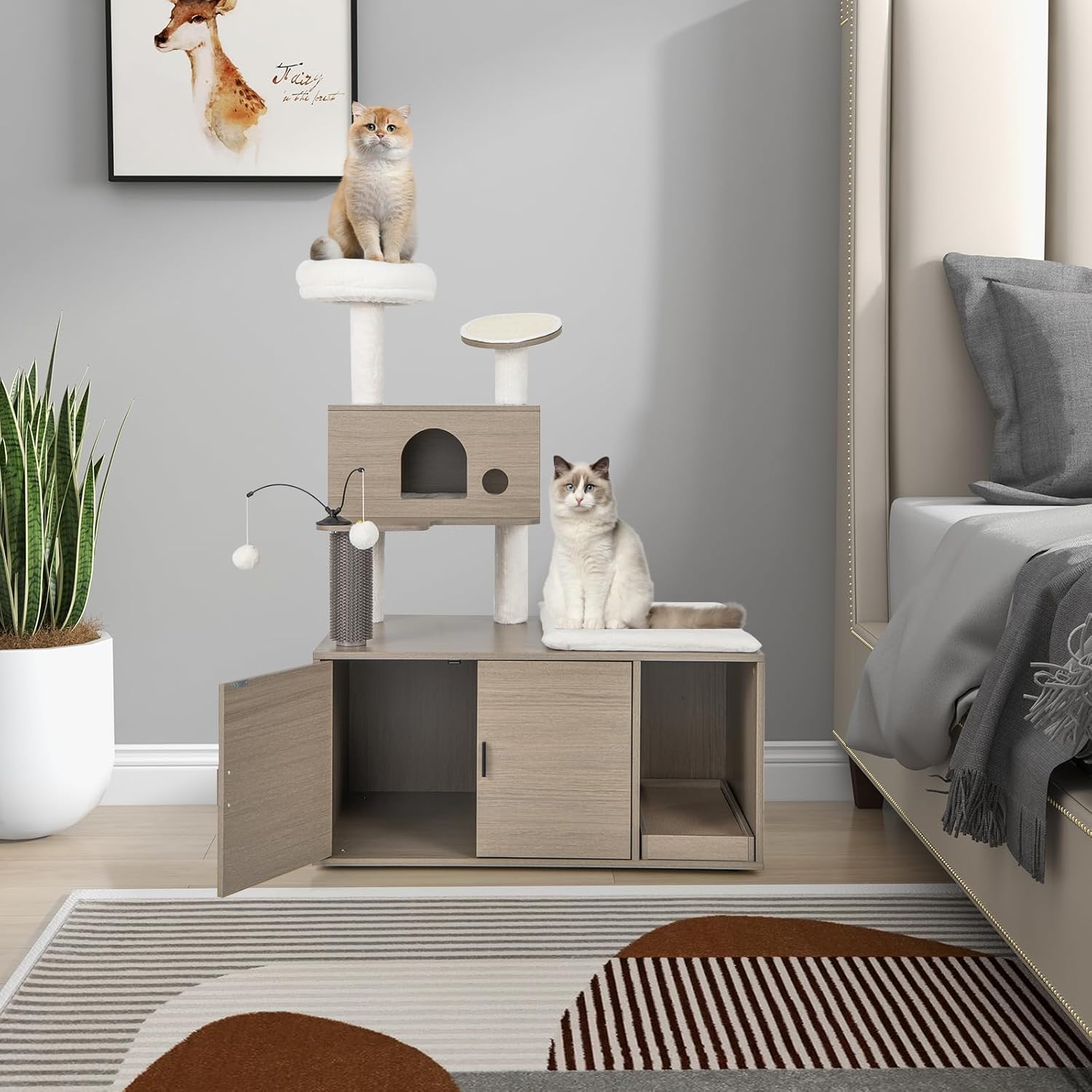 Albero per Gatti con Mobile per Lettiera, Torre per Gatti Moderna 2-in-1 con Cuccia, Piattaforma Superiore, Tiragraffi, Piattaforme Multiple e Palline