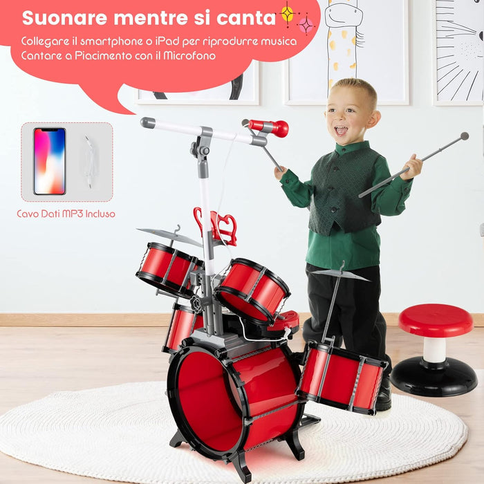 Set di Batteria per Bambini, Batteria Jazz con Tastiera Microfono e Leggio, Strumento Elettrico con Sgabello, Regalo per Bambini 3+ Anni, Rosso