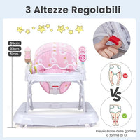 Girello per Bambini, Girello Pieghevole con Ruote, Altezza Regolabile di 3 Livelli, Cuscino del Sedile Rimovibile, per Bambini 6-36 Mesi (Rosa)