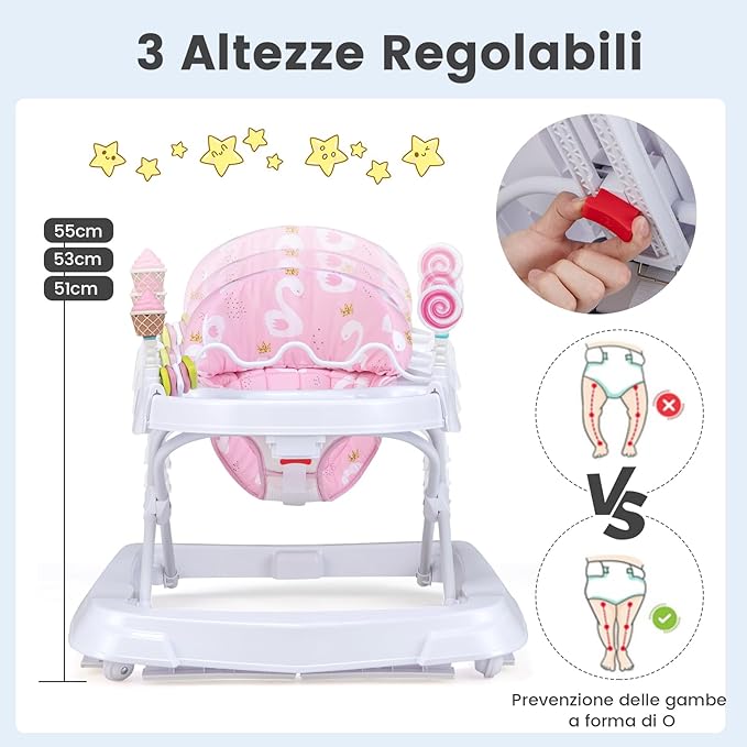 Girello per Bambini, Girello Pieghevole con Ruote, Altezza Regolabile di 3 Livelli, Cuscino del Sedile Rimovibile, per Bambini 6-36 Mesi (Rosa)