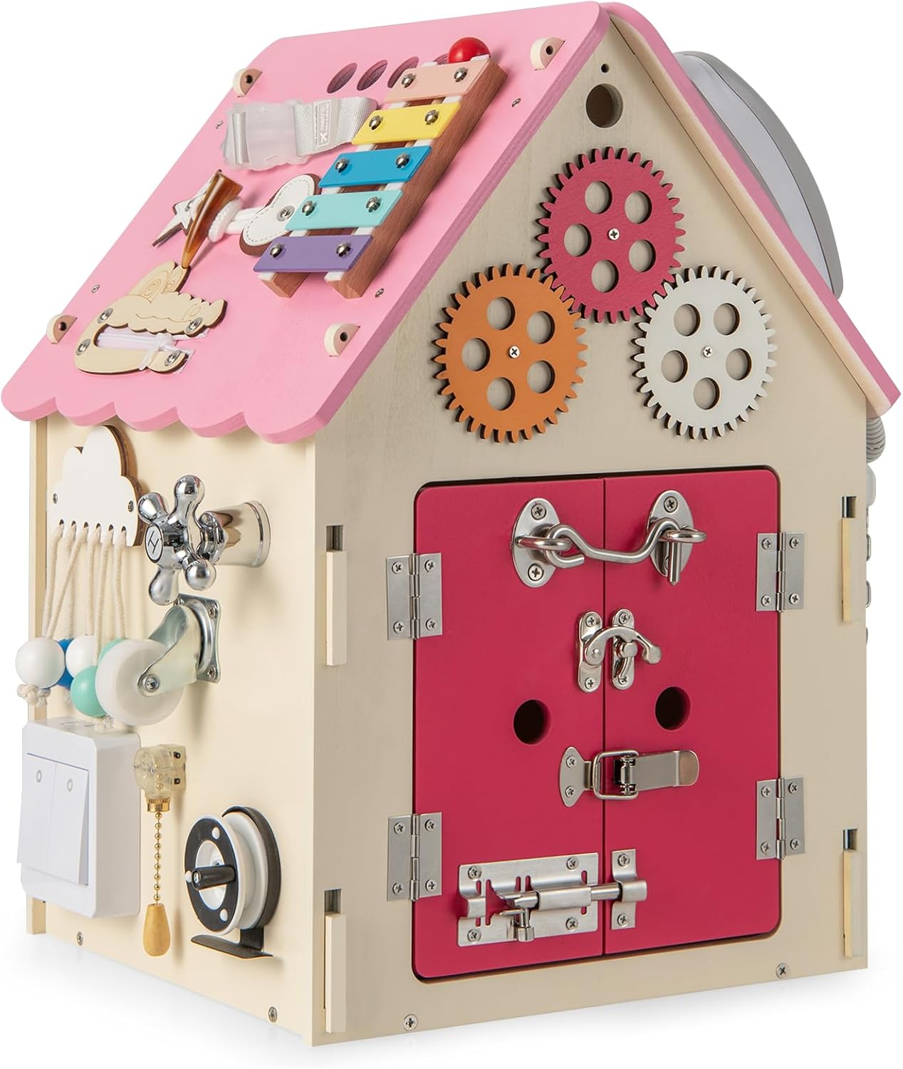 Occupato Montessori per Bambini, Casa da Gioco Montessori con Giochi Sensoriali e Spazio Interno, Giocattolo Educativo e Regalo per Bambini 3 Anni+ (Rosa)