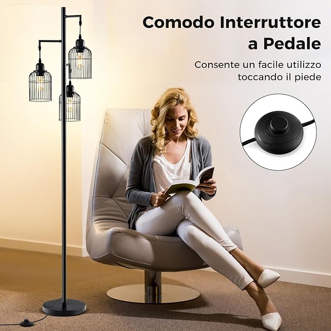 Lampada da Terra Moderna, Lampada da Terra Industriale con 3 Paralumi a Gabbia, Interruttore a Pedale e Base Robusta, Lampada da Salotto, Camera da Letto e Studio [Classe di efficienza energetica A]