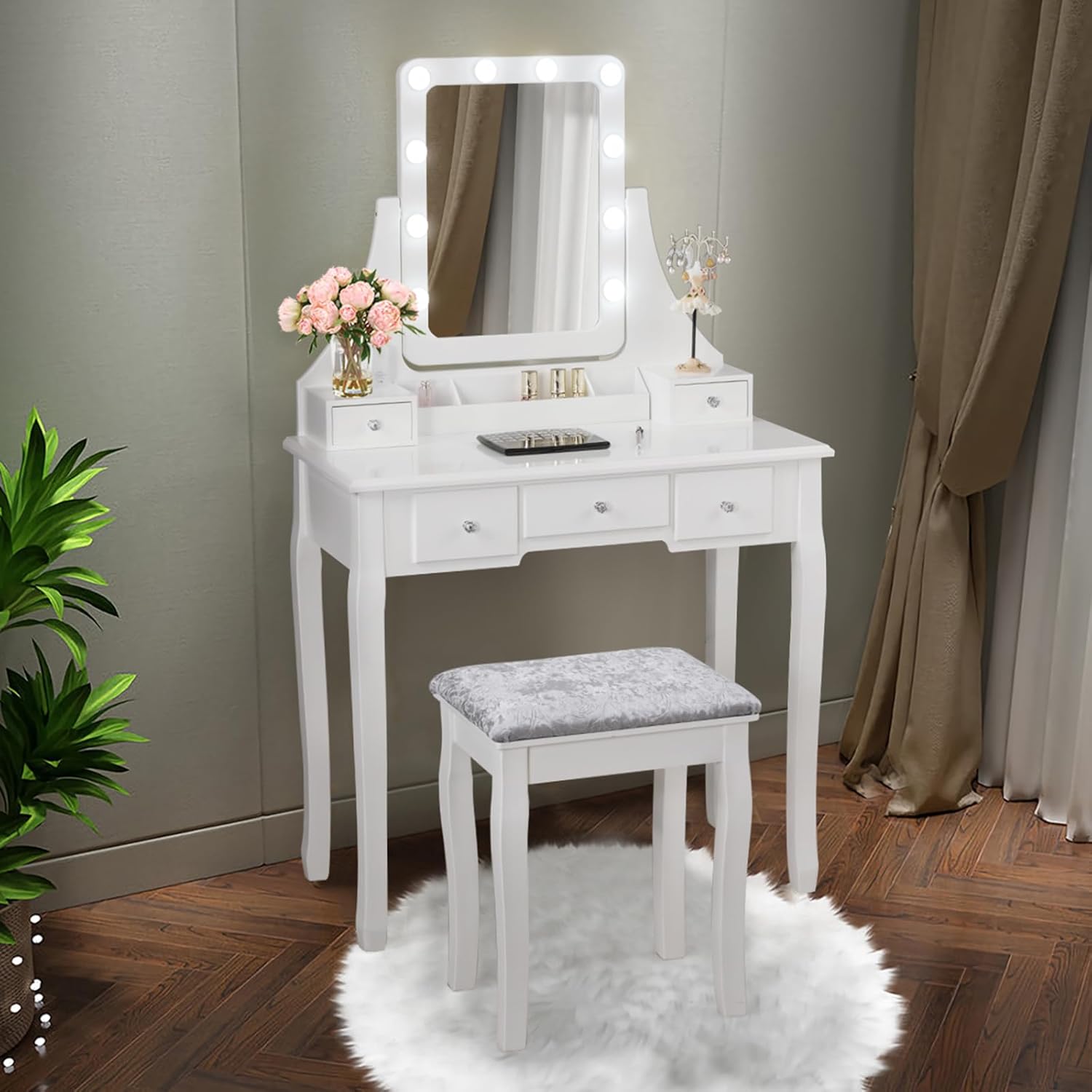 Toeletta Trucco con Specchio Girevole a 360° e 10 Luci LED, Postazione Trucco con Sgabello Imbottito, 5 Cassetti e Organizzatori, Tavolo da Trucco Moderno, 136x80x40cm (Bianco)