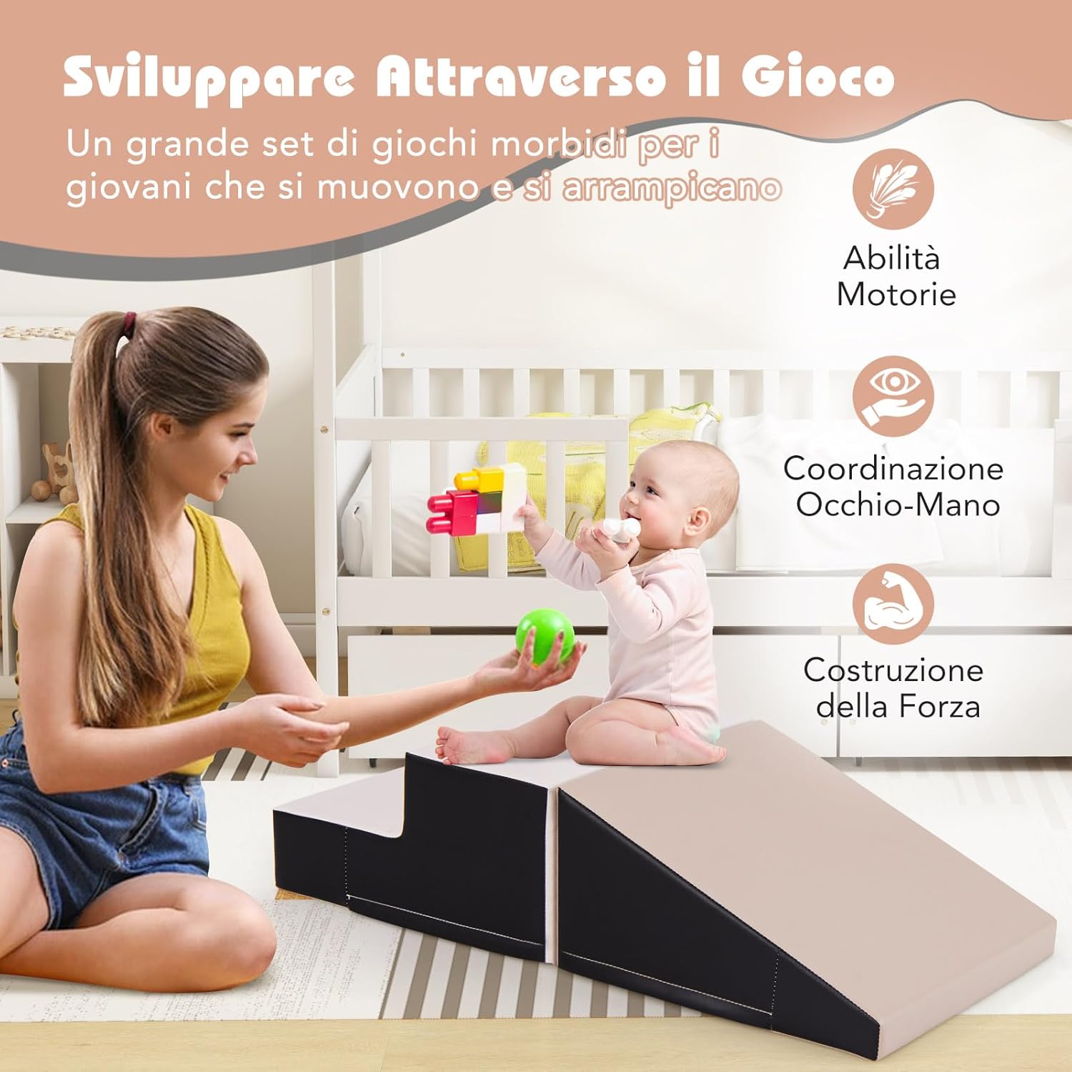 Set di 2 Blocchi per Gattonare e Arrampicare per Neonati e Bambini, Set di Blocchi di Schiuma Morbida per Gioco Attivo Interno, Set di Gioco Morbido per Sviluppo dei Bambini (Grigio e nero)