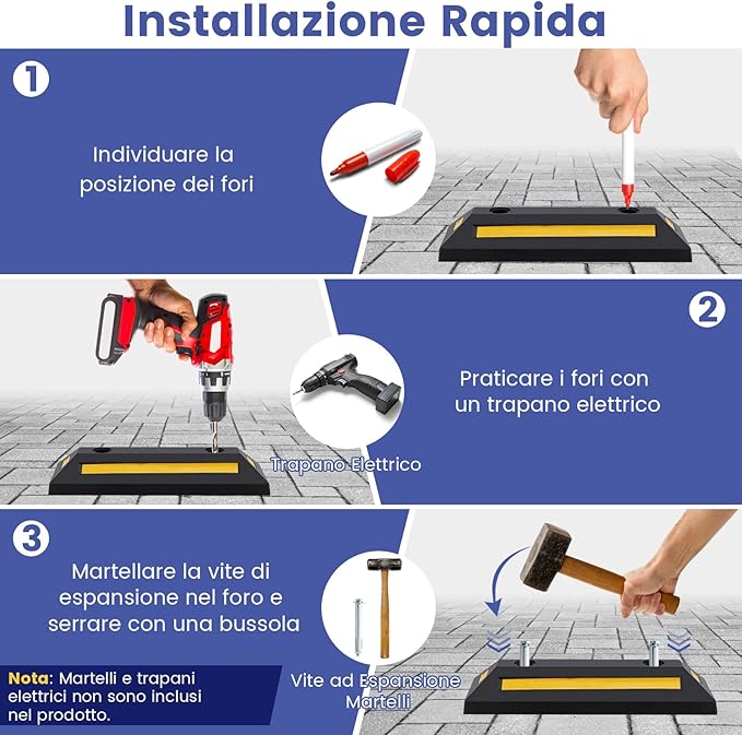 Ferma Ruota per Veicoli da Garage, Set di Fermaruote in Gomma per Parcheggi, con Strisce Riflettenti, per Uso Interno ed Esterno, 54,5 x 16 x 9 cm