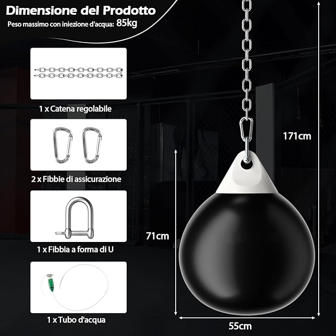 Sacco da Boxe ad Acqua da 51,5 cm, Sacco Anti-Perdite con Tubo di Riempimento d'Acqua, Catena in Metallo, Gancio e Croce, Sacco per Allenamento per Adulti e Bambini