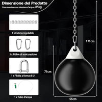 Sacco da Boxe ad Acqua da 51,5 cm, Sacco Anti-Perdite con Tubo di Riempimento d'Acqua, Catena in Metallo, Gancio e Croce, Sacco per Allenamento per Adulti e Bambini
