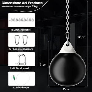 Sacco da Boxe ad Acqua da 51,5 cm, Sacco Anti-Perdite con Tubo di Riempimento d'Acqua, Catena in Metallo, Gancio e Croce, Sacco per Allenamento per Adulti e Bambini