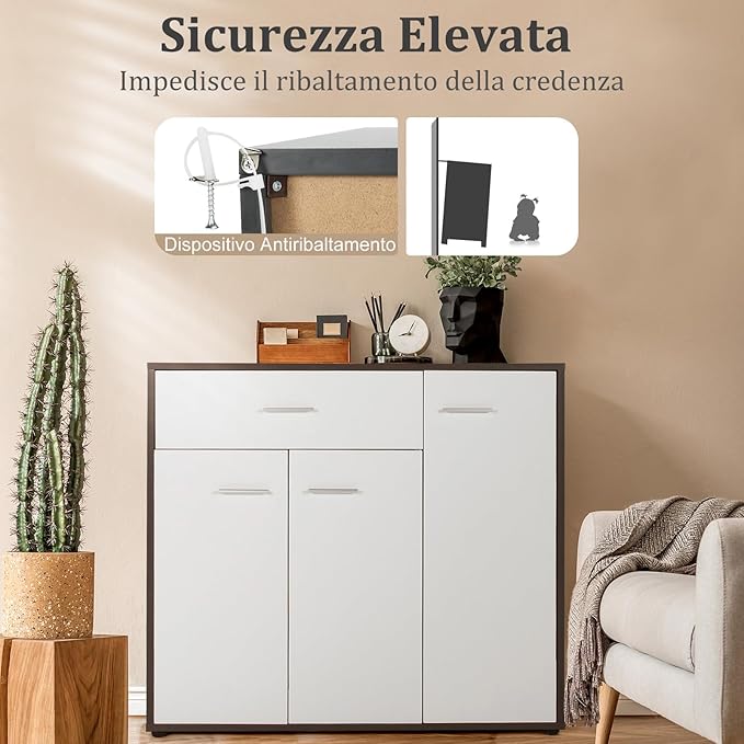 Mobile Credenza Moderno, Armadietto per Cucina con Cassetto e 3 Ante e Ripiano Regolabile, per Cucina, Sala da Pranzo e Soggiorno, 88 x 40 x 80 cm