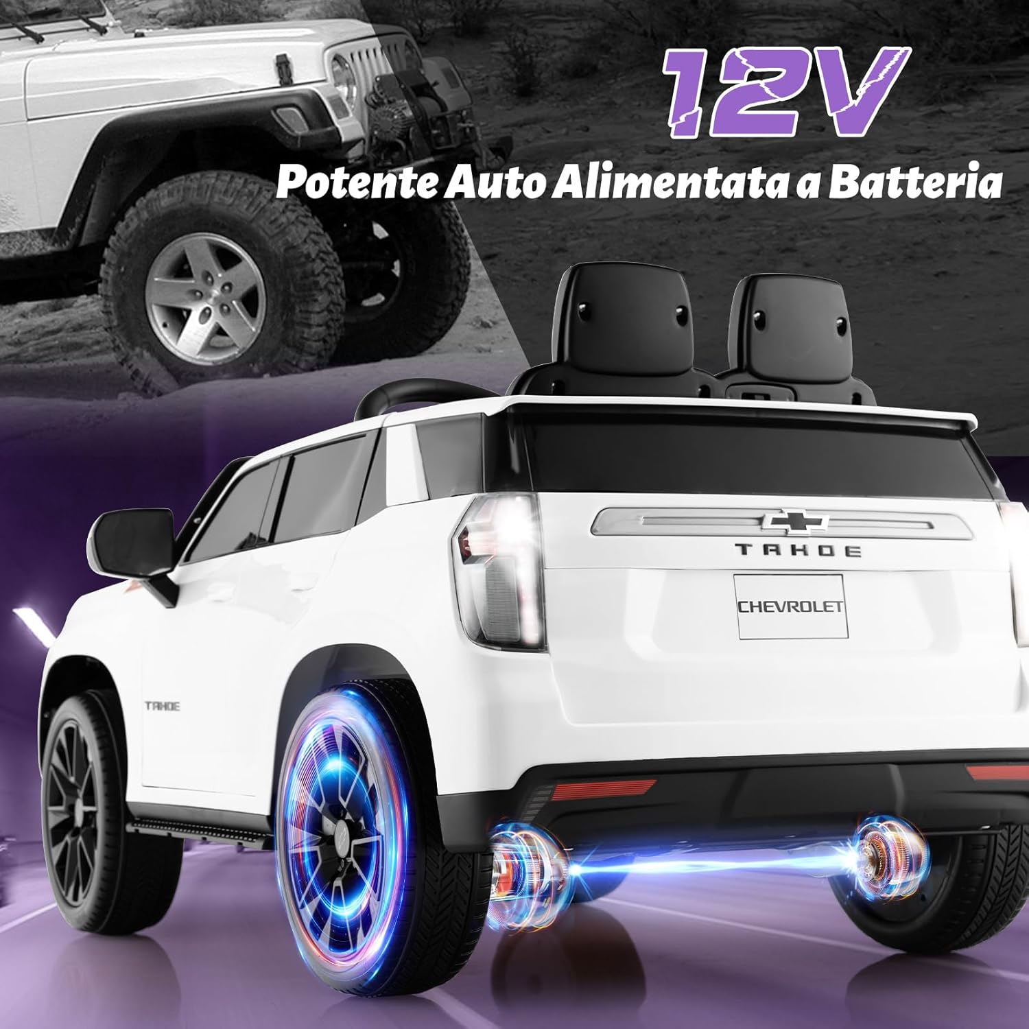 12V Macchina Elettrica per Bambini Chevrolet, SUV Elettrica con Telecomando Luci Luminose e Musica, 3-3,5 km/h, Ideale per Bambini di 3-6 Anni (Bianco)