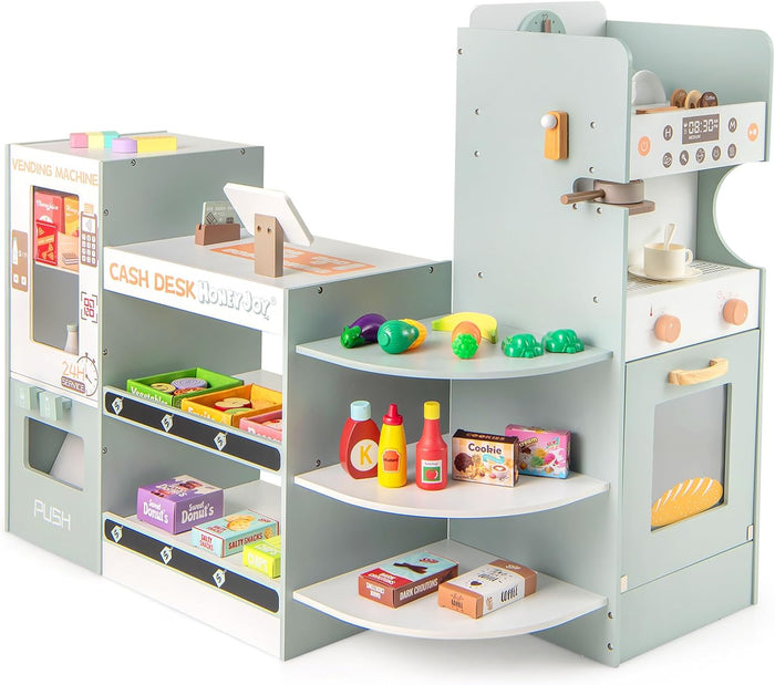 Mercato Giocattolo per Bambini con Cassa, Negozio Giocattolo in Legno con Macchina Caffè e Distributore Automatico, Banco Mercato Giocattolo con Scaffali e 30 Accessori, per Bambini 3+ Anni