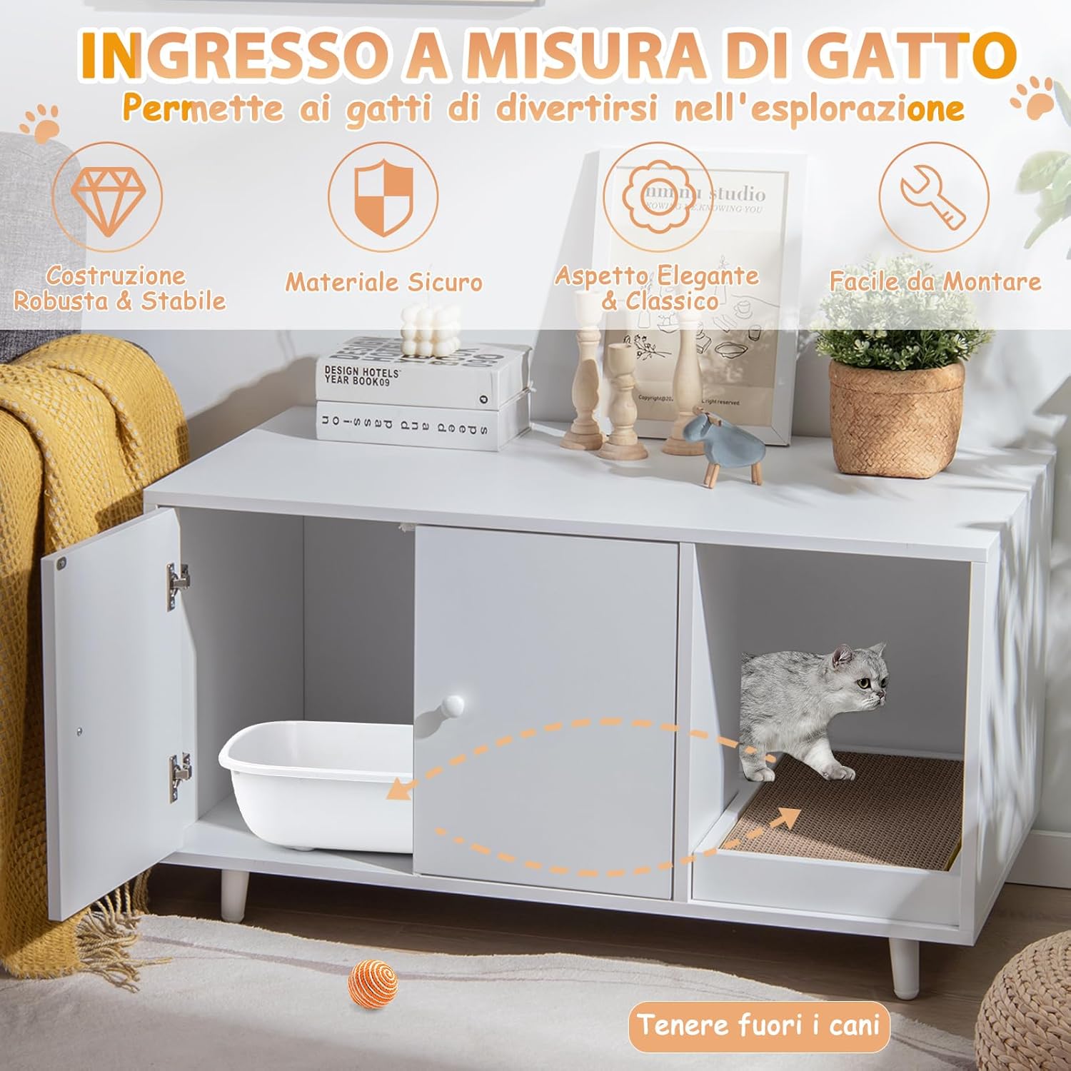 Mobile per Lettiera per Gatti 90 x 50 x 50 cm, Cassetta Igienica per Gatti con Doppia Anta, Divisore, Ingresso Avvolgibile, Tiragraffi e Gambe di Metallo Solido (Bianco)