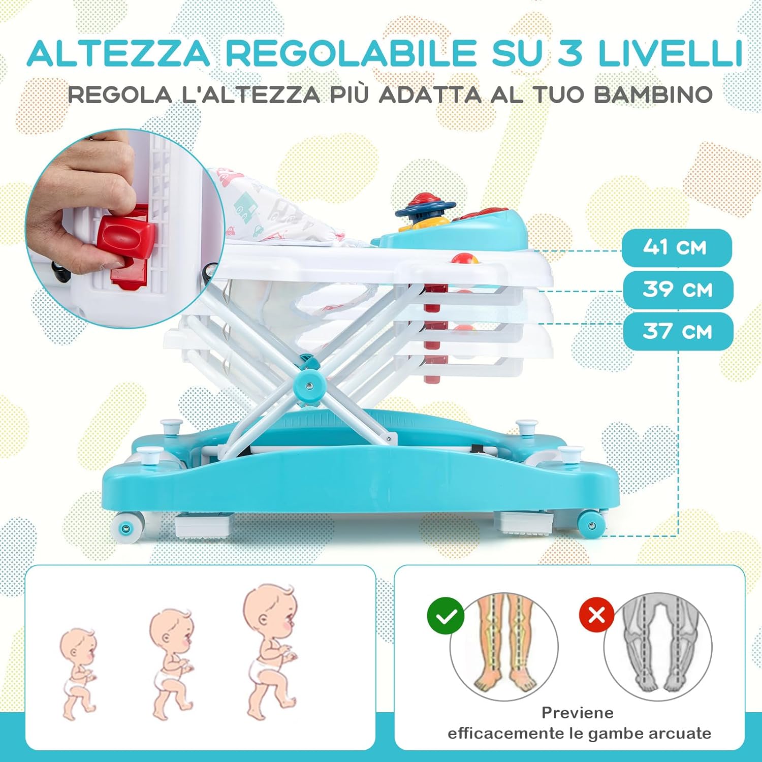 Girello per Bambini 6 in 1, Primi Passi per Neonati con Altezza Regolabile, Sedia a Dondolo per Bambini, Girello Pieghevole con Vassoio Musicale, Cuscino, per Bambini 6+ Mesi (Verde)