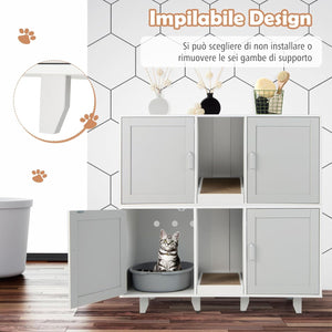 Mobile per Lettiera per Gatti 120 x 52 x 65 cm, Casetta per Gatti con 2 Ante, Fori, Tiragraffi e Gambe Staccabili, Mobile Versatile e Moderno per Salotto (Bianco e grigio)