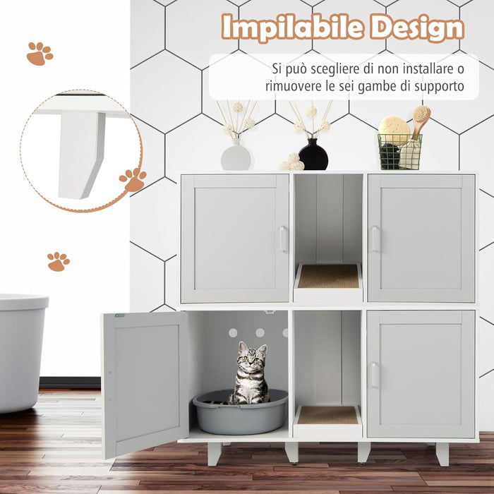 Mobile per Lettiera per Gatti 120 x 52 x 65 cm, Casetta per Gatti con 2 Ante, Fori, Tiragraffi e Gambe Staccabili, Mobile Versatile e Moderno per Salotto (Bianco e grigio)