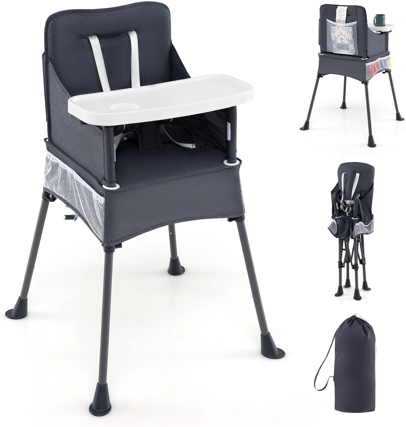 Seggiolone Pieghevole per Bambini, Seggiolone Salvaspazio con Vassoio Regolabile a 2 Livelli, Cintura di Sicurezza, Aperture Regolabili per Gambe, Tasche, per Bambini 6-36 Mesi