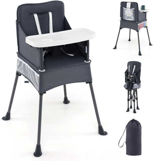 Seggiolone Pieghevole per Bambini, Seggiolone Salvaspazio con Vassoio Regolabile a 2 Livelli, Cintura di Sicurezza, Aperture Regolabili per Gambe, Tasche, per Bambini 6-36 Mesi