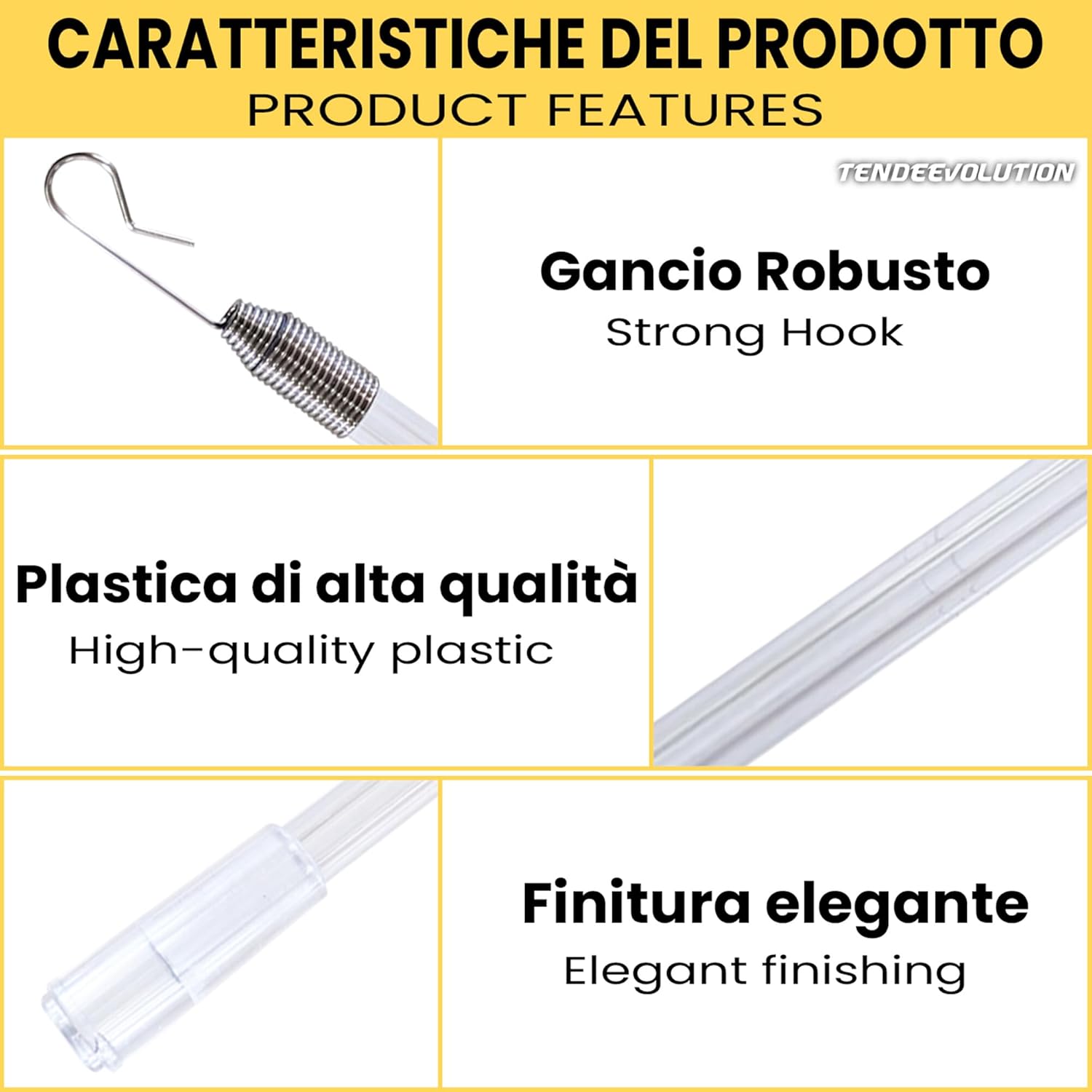 FRUSTINO Frusta/Asta per Movimento Tenda Scorritenda, Pannelli Rullo in Plexiglas Trasparente con Gancio - Altezza Asta 125cm