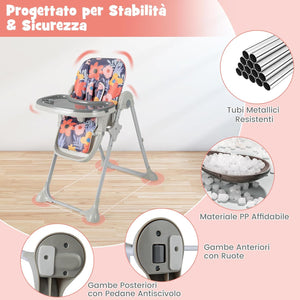 Seggiolone Pappa Pieghevole per Bambini, Seggiolone Portabile con Schienale e Altezza Regolabili, con Ruote, per Bambini 6-36 Mesi, Grigio (Viola)
