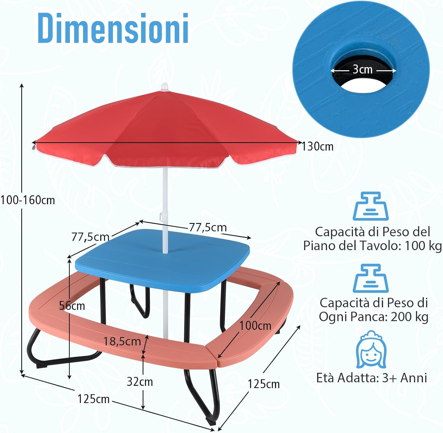 Tavolo da Picnic per Bambini con 8 Posti 125 × 125 × 100-160 cm, Tavolino Bambini in HDPE con Ombrellone Regolabile e Pieghevole, Struttura in Metallo e 4 Panchine (tavolo blu)