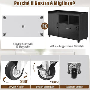 Mobiletto con 5 Cassetti e Anta, Cassettiera per Documenti con 5 Ruote e Ripiano Regolabile, per Soggiorno, Ufficio e Cucina, 79 x 40 x 65 cm (Bianco)
