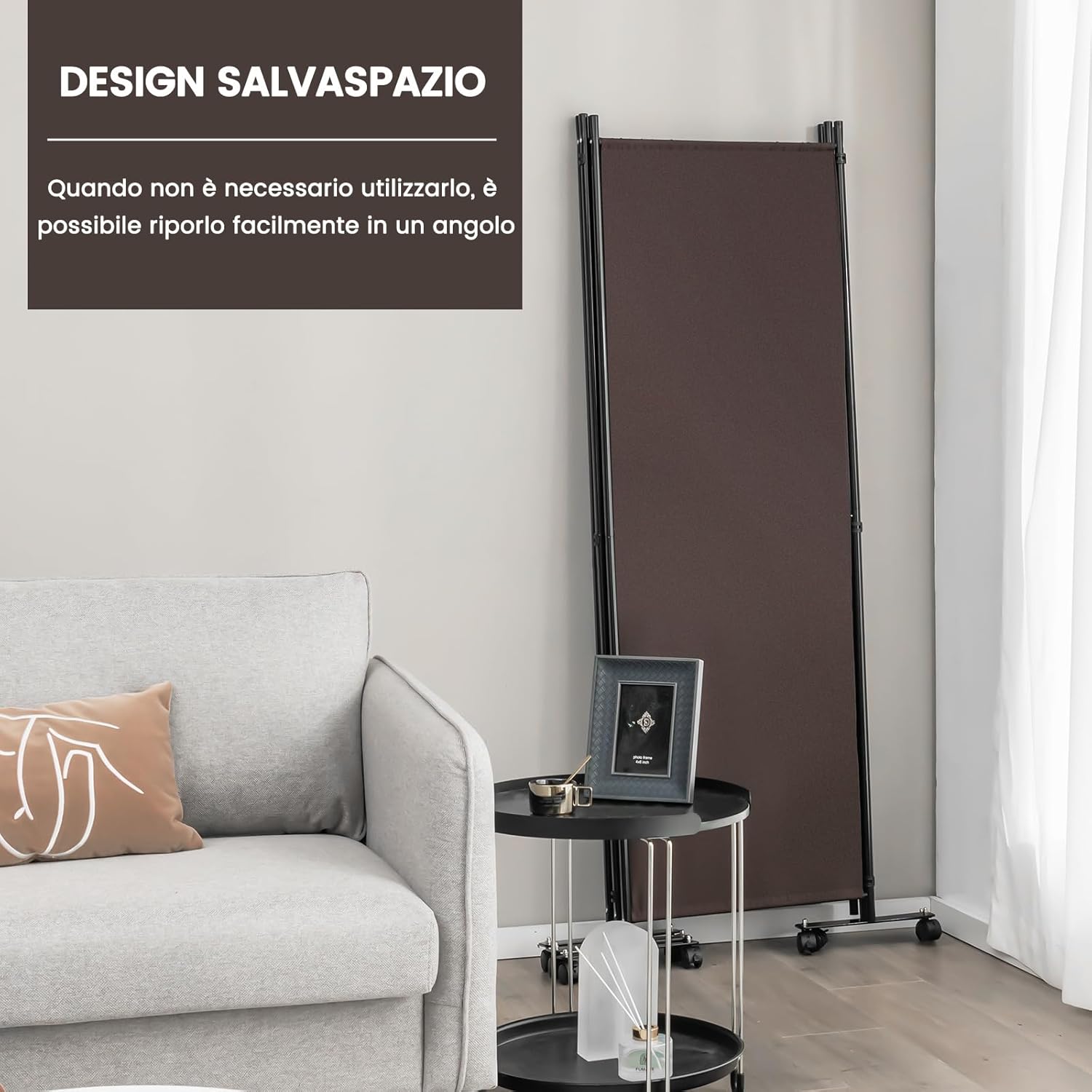 Separé Divisorio Interno 3/4/6 Ante, Paravento da Esterno ed Interno con Piedini, Pannelli Divisori per Ufficio, Salotto e Camera da Letto, Marrone, 225 x 173 cm, 4 Pannelli con ruote