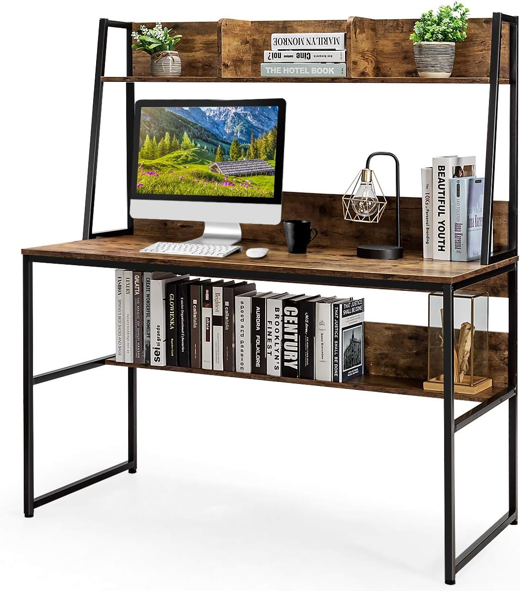 Scrivania con Libreria e Ripiano, Scrivania Salvaspazio per PC Portatile con 3 Scomparti e Ripiano Aperto, Scrivania per Ufficio e Casa, 120 x 57 x 140 cm (Marrone)