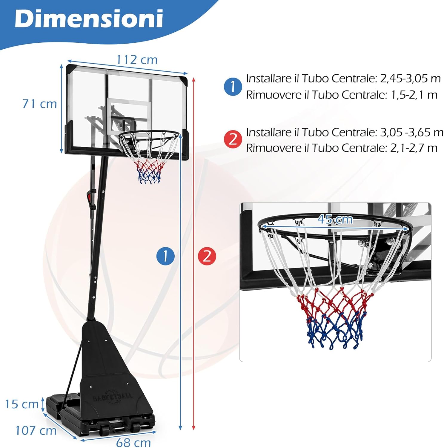 Canestro da Basket Regolabile 150-365 cm in Altezza per Bambini ed Adulti, Canestro con Piantana con Ruote, Canestro con Asta e Base Riempibile per Interno ed Esterno