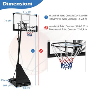 Canestro da Basket Regolabile 150-365 cm in Altezza per Bambini ed Adulti, Canestro con Piantana con Ruote, Canestro con Asta e Base Riempibile per Interno ed Esterno