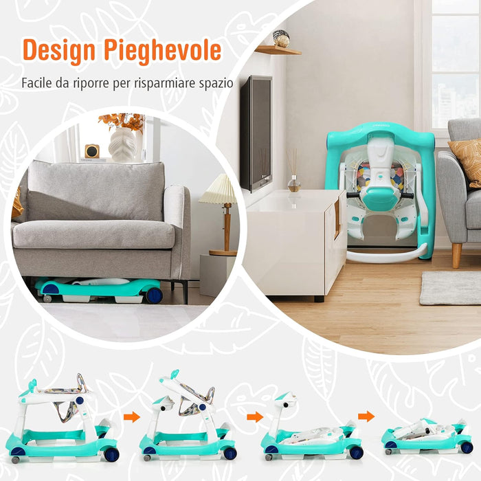 Girello per bambini 2 in 1, Girello con Altezza e Velocità Regolabili, Carillon con Luci e Cuscino Comodo, Primi Passi per Bambini 6-18 Mesi, Capacità di carico: 15 kg (Verde)