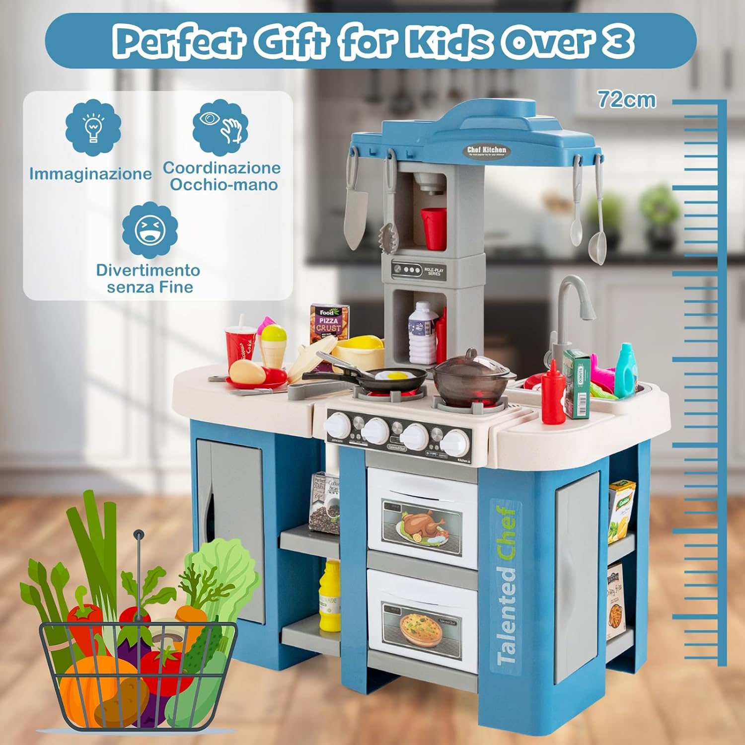 Cucina Giocattolo con Set di Accessori Cibo e Utensili, Cucina per Bambini con Suoni e Luci, Lavandino, Rubinetto, Scaffali, Forni e Fornelli, per Bambini 3+ Anni (Blu)