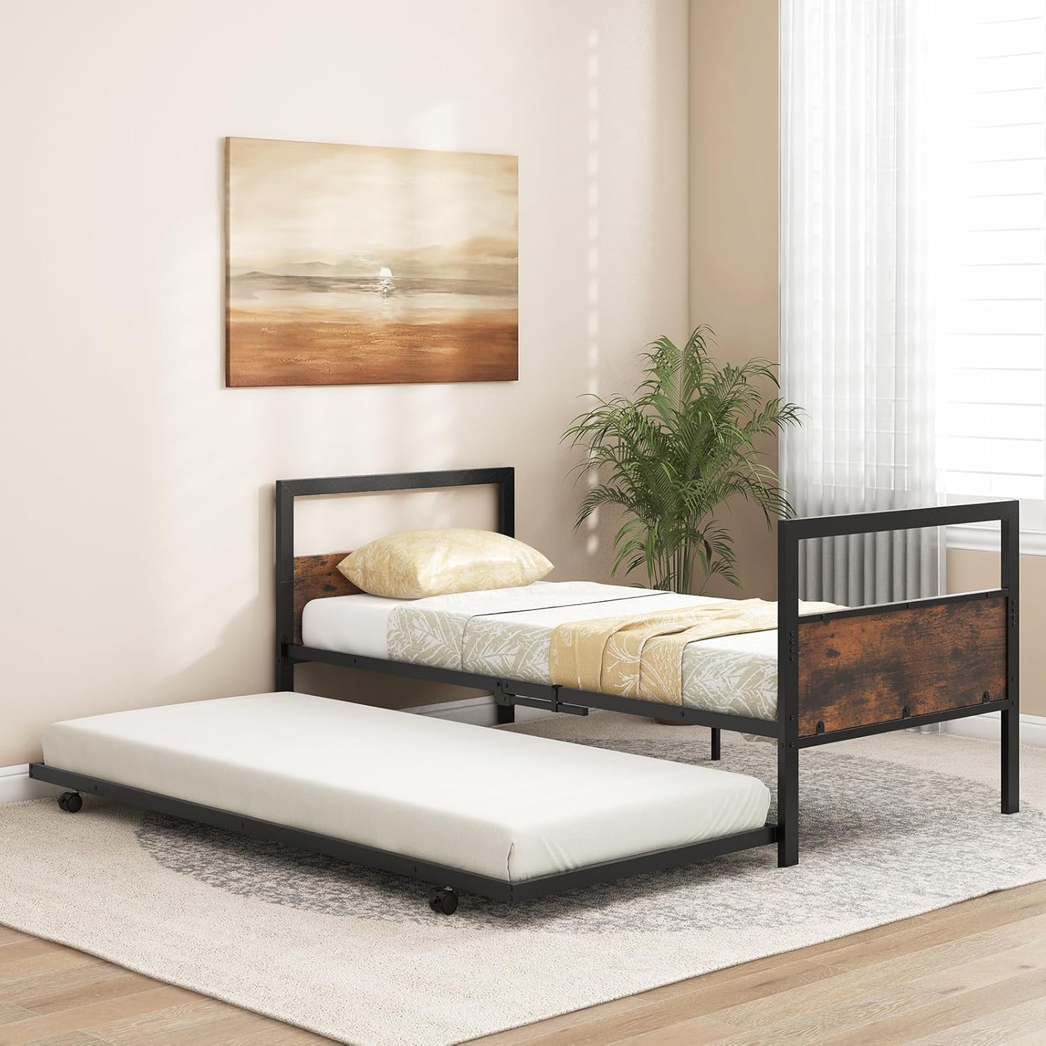 Letto Singolo 90 x 200 cm, Struttura Letto Estraibile con Ruote Testiera e Pediera, Gambe Pieghevoli e Supporto a Doghe in Metallo, Telaio da Letto Silenzio, Carico 220 kg