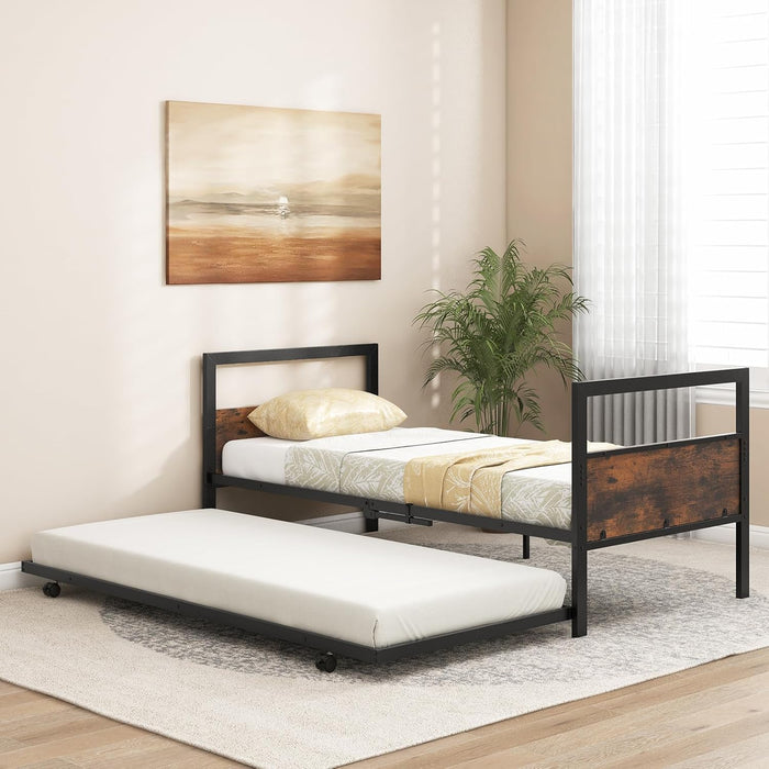 Letto Singolo 90 x 200 cm, Struttura Letto Estraibile con Ruote Testiera e Pediera, Gambe Pieghevoli e Supporto a Doghe in Metallo, Telaio da Letto Silenzio, Carico 220 kg